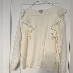 J Crew White Ruffle Detail Long Sleeve Blouse Top L Large